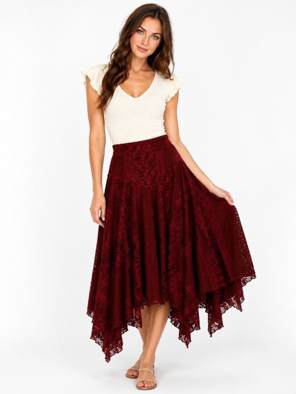 Amber Sky Womens M Burgundy Lace Midi Skirt Boho Cottagecore Romantic NWT
